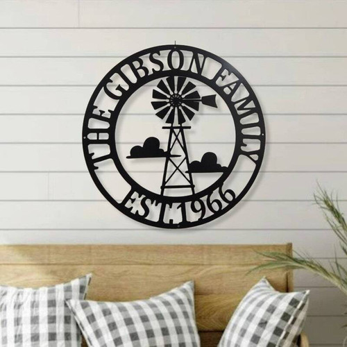Windmill metal sign for farmhouse decor, personalized with family name and optional date, rustic accent for living room wall | Family Wall Decor