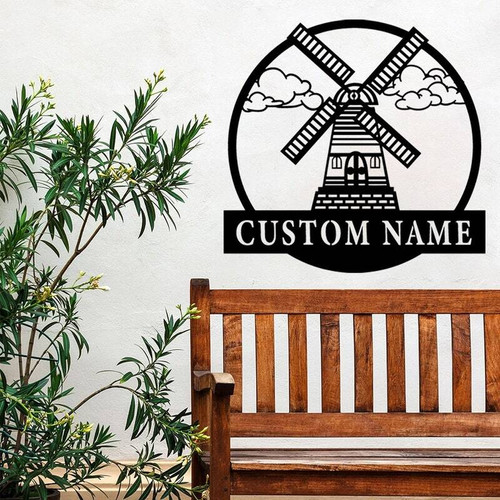 Rustic windmill metal sign with custom family name, powder-coated steel, indoor/outdoor farmhouse wall decor, round cutout | Family Wall Decor