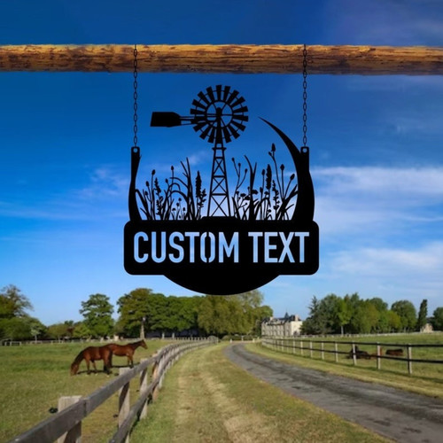 Farm windmill metal sign for outdoor decor, personalized hanging plaque with custom family name for porch, barn, or garden | Family Wall Decor