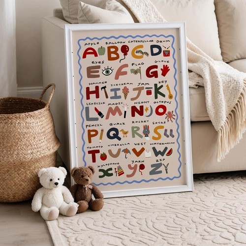 Colorful nursery alphabet canvas print with A-Z letters in pastel rainbow tones; for nursery or playroom, portrait. | Family Wall Decor