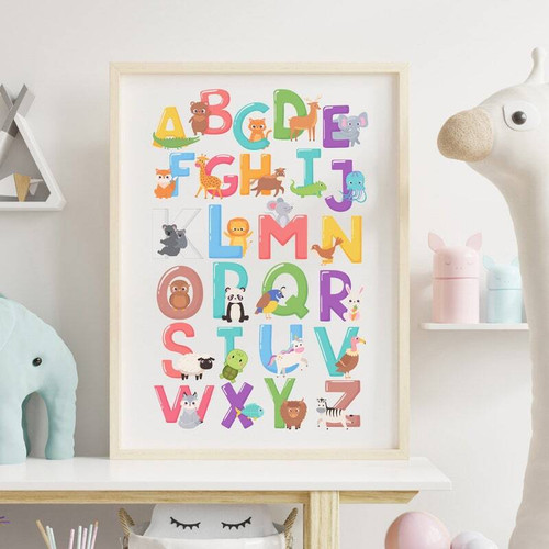 Safari animals alphabet canvas wall art with pastel watercolor A–Z animals, portrait orientation for baby nursery decor | Family Wall Decor