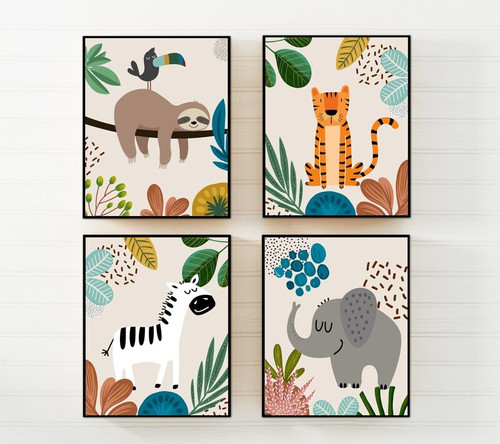 Jungle safari nursery canvas wall art, boho style in neutral tones with cute animal motifs, personalized with baby boy name. | Family Wall Decor