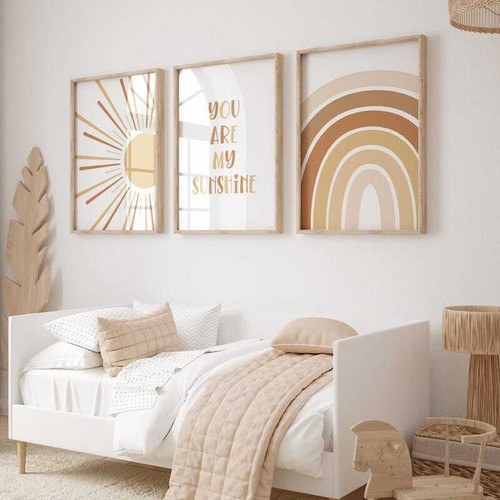 Boho sunshine nursery canvas set with sun and rainbow motifs, neutral terracotta tones, playful wall art for playroom decor | Family Wall Decor