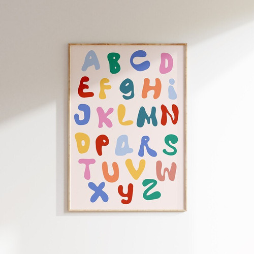 Boho alphabet nursery canvas wall art in warm earth tones, A–Z letters for kids room decor and early learning, portrait layout | Family Wall Decor