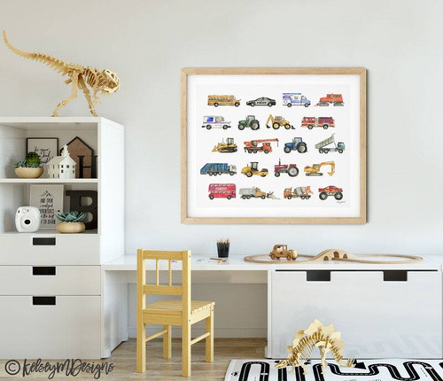 Construction truck theme nursery canvas wall art for toddler boys, playful trucks and road signs brighten boys' room decor | Family Wall Decor