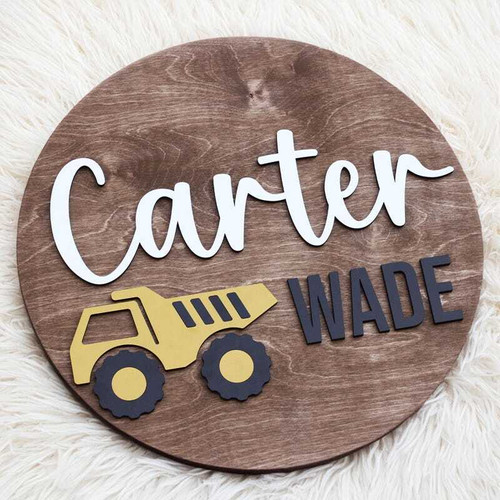 Construction round wood sign with personalized name for nursery decor, features construction trucks, ideal toddler room gift | Family Wall Decor