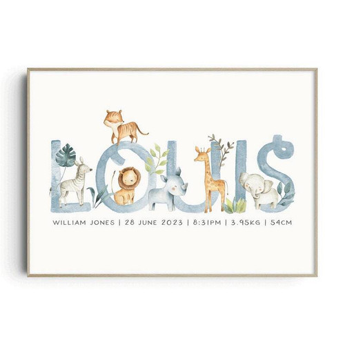 Safari animal canvas wall art for nursery with green jungle leaves, personalized name, boys room decor and new baby gift | Family Wall Decor