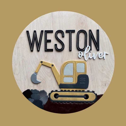 Excavator round nursery sign with custom baby name, construction theme wall decor for baby's room with digger graphic | Family Wall Decor