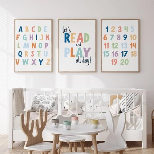 Alphabet nursery canvas set, educational ABC and 123 posters in pastel tones for playroom wall decor in kids’ room | Family Wall Decor