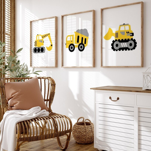 Construction vehicles canvas art set of 3 prints for boys nursery, kids room wall decor in playful colors and modern style | Family Wall Decor