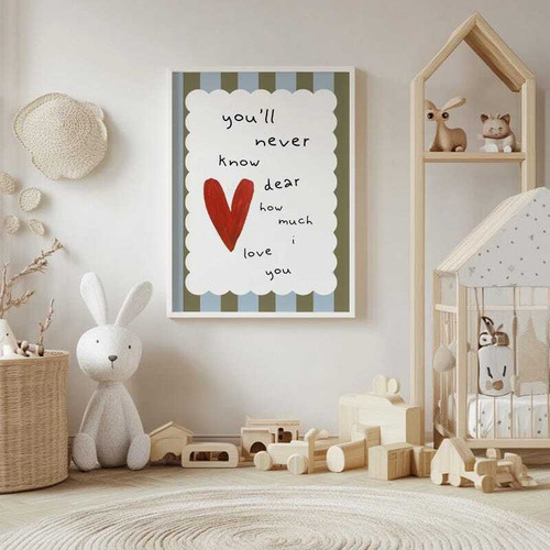 Heartfelt love quote canvas wall art for kids, pastel palette with gentle script typography, portrait orientation for nursery | Family Wall Decor