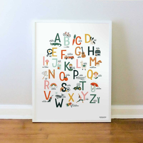 Alphabet canvas art with illustrated A-Z letters and cute animals in soft pastels, portrait for kids' playroom decor | Family Wall Decor