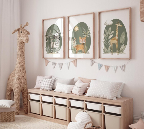Safari animal canvas wall art in boho sage green, minimalist prints for jungle nursery decor in baby's room with neutral hues | Family Wall Decor