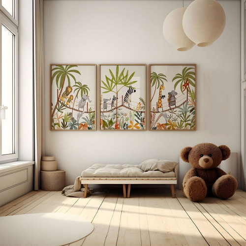 Safari animal canvas wall art for kids’ jungle nursery, watercolor animals in soft pastels with jungle leaves accents | Family Wall Decor