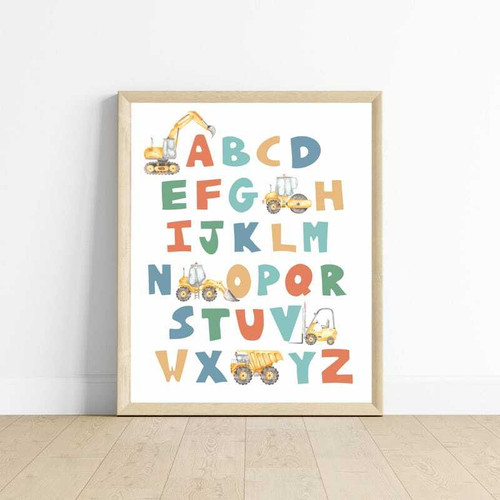 Construction ABC canvas wall art featuring alphabet with dump truck, excavator, and bulldozer for playroom or bedroom decor | Family Wall Decor