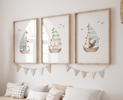Nautical canvas art set of three cute sailboat prints for nursery wall decor, soft coastal blues and waves, whimsical style | Family Wall Decor