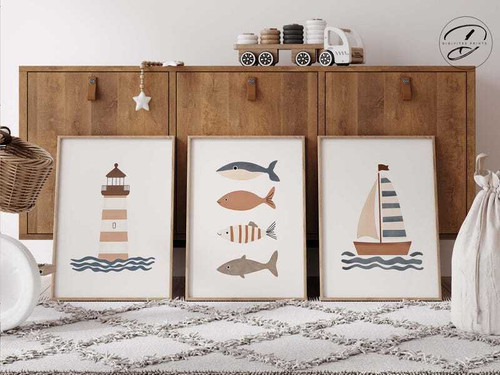 Nautical nursery canvas set with ocean motifs in soft blues, wall art for kids bedroom decor and coastal nurseries | Family Wall Decor