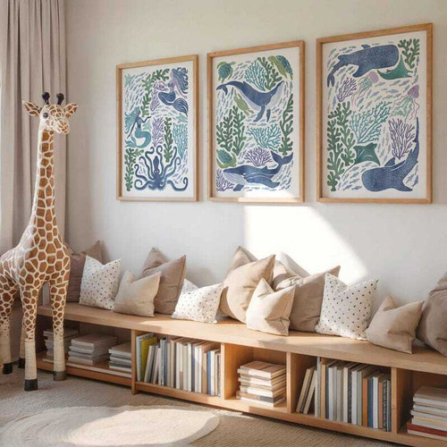 Nautical theme nursery canvas set with whale and ocean animals, soft blue palette, wall art for kids' room decor | Family Wall Decor
