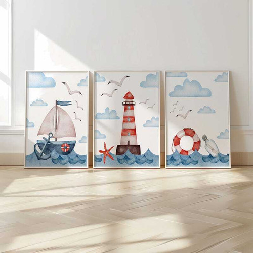 Nautical sailboat canvas set wall art, modern ocean theme for kids bedroom decor, perfect for a boy's nursery or playroom | Family Wall Decor