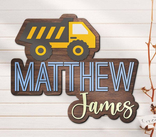 Dump truck construction wooden nursery name sign personalized with baby name, rustic farmhouse wall decor for baby room | Family Wall Decor
