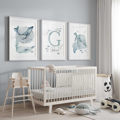 Nautical nursery canvas with watercolor whale and sea turtle, personalized with baby boy’s name for ocean-themed decor | Family Wall Decor
