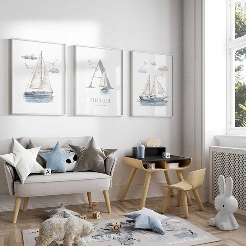 Nautical nursery canvas art with personalized sailboat illustration and baby name, ideal for a baby boy kids’ room decor | Family Wall Decor