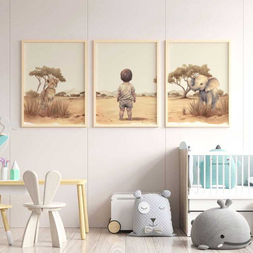 Safari nursery canvas art prints with elephant and lion characters, sweet wall decor for toddler boys and baby boys room | Familywalldecor