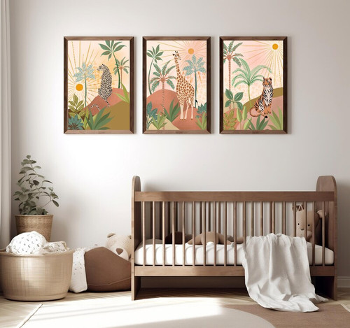 Tropical jungle nursery canvas art set featuring safari animals giraffe, tiger, and leopard for kids playroom wall decor | Family Wall Decor