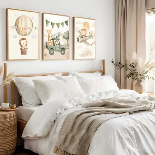 Safari nursery canvas wall art featuring hot air balloons in neutral boho tones for gender-neutral baby room decor | Family Wall Decor