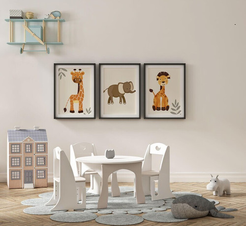 Neutral safari nursery canvas wall art with giraffe, elephant, and lion in beige tones, custom name available for kids room | Family Wall Decor