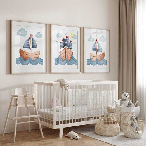 Nautical nursery canvas art set with ocean waves and sailboat in blue and white, coastal decor for a baby boy's room | Family Wall Decor