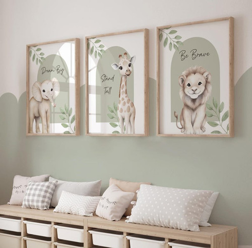 Safari Animal Nursery Canvas Set For Baby Room Neutral Decor | Family Wall Decor