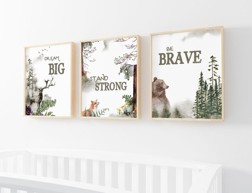 Woodland forest nursery canvas set with bear, fox, deer and Be Brave, Stay Strong, Dream Big quotes in neutral tones | Family Wall Decor