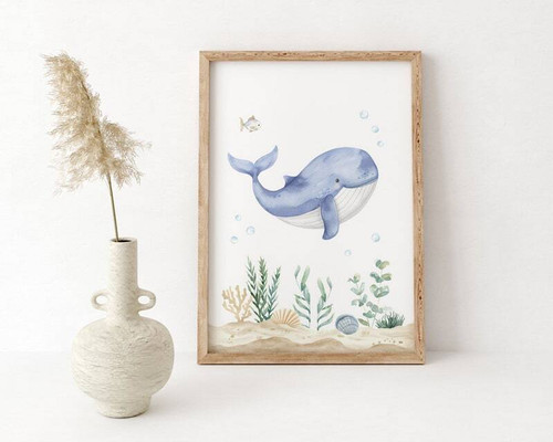Cartoon whale nursery canvas wall art featuring a smiling blue whale with bubbles and coral, under the sea theme for baby room decor | Family Wall Decor
