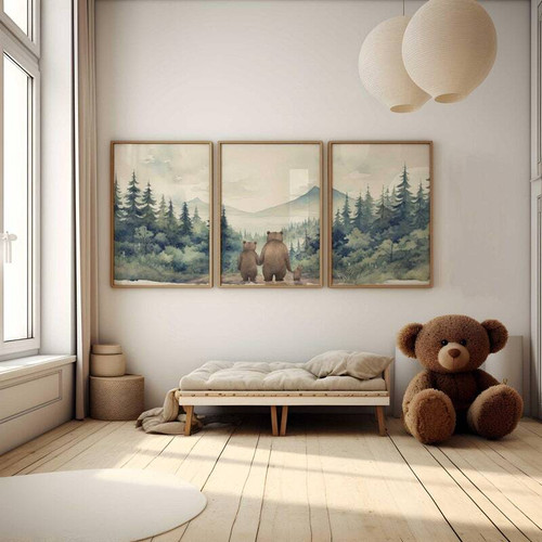 Woodland bear family nursery canvas wall art set, set of three forest animal prints in soft neutrals, boys room decor | Family Wall Decor