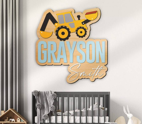 Construction nursery name sign, custom wooden wall decor with excavator and cones, personalized baby name, shower gift | Family Wall Decor