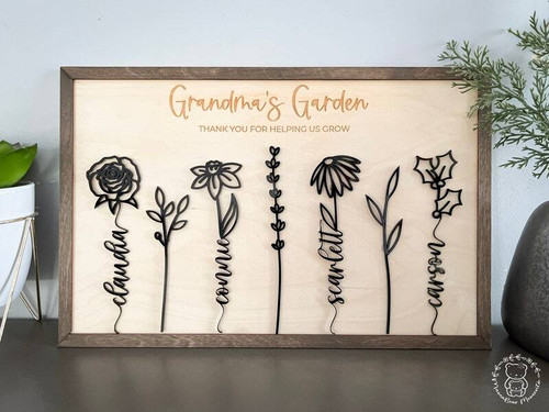 Mother's Day birth flower sign wall art for Grandma's garden, personalized with grandchildren names in a floral arrangement | Familywalldecor