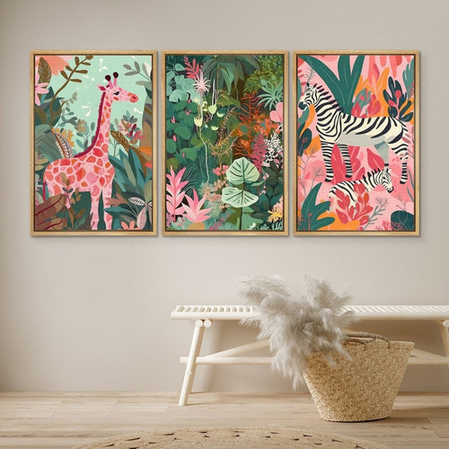 Jungle safari canvas set with lion, giraffe, and elephant in boho mid-century style, neutral earthy tones for nursery wall decor | Family Wall Decor