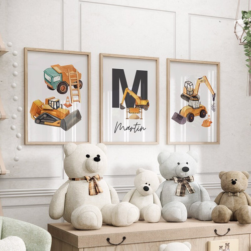 Construction truck canvas set personalized with baby name, boys nursery wall art prints for excavator, dump truck and crane | Family Wall Decor