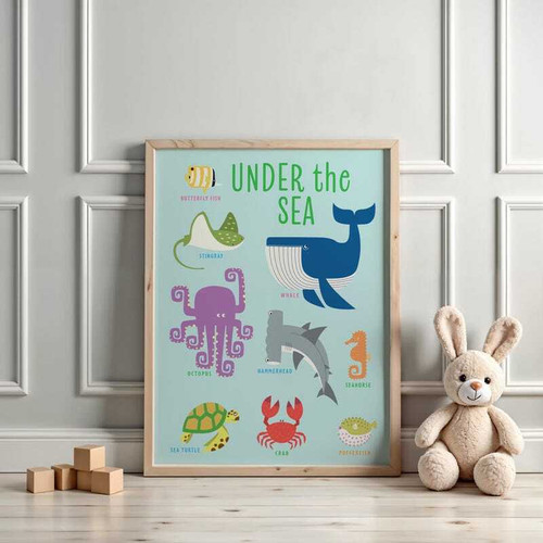 Nautical nursery ocean animals canvas print, pastel watercolor whale, turtle, octopus, landscape layout for kids' room decor | Family Wall Decor