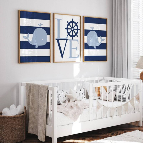 Nautical whale canvas set wall art for nursery, blue ocean-themed decor with whales and waves for baby boy room | Family Wall Decor