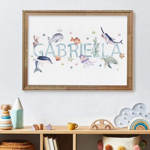 Watercolor ocean animal canvas with blue whale art, personalized with baby name and birth date for nautical nursery decor | Family Wall Decor