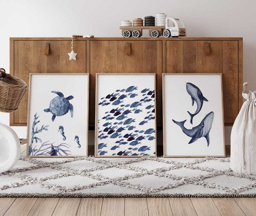 Nautical whale canvas set nursery wall art featuring ocean animals in soft blue tones, perfect decor for a baby room | Family Wall Decor