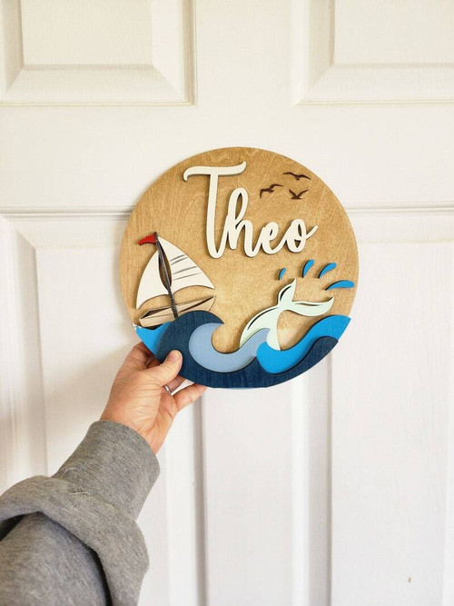Nautical ocean nursery wood sign personalized with baby name, anchor motif, baby shower gift for coastal nursery decor. | Family Wall Decor