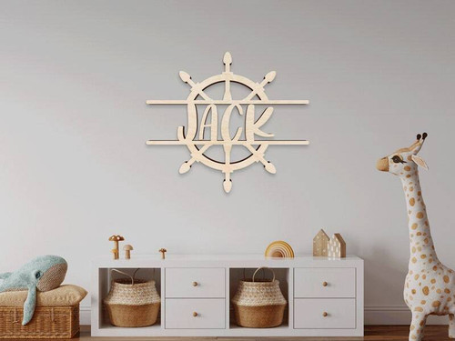 Nautical ship wheel wood sign personalized with baby name, coastal nursery wall decor for baby's room, rustic maritime theme | Familywalldecor