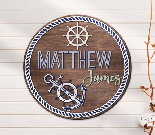 Nautical 3D nursery wood sign personalized with baby name, playful layered ocean icons, navy and white, coastal nursery wall decor | Family Wall Decor