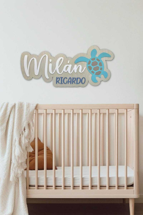 Sea turtle wooden name sign, personalized nursery wall decor with custom child name, ocean theme for kids' room | Family Wall Decor