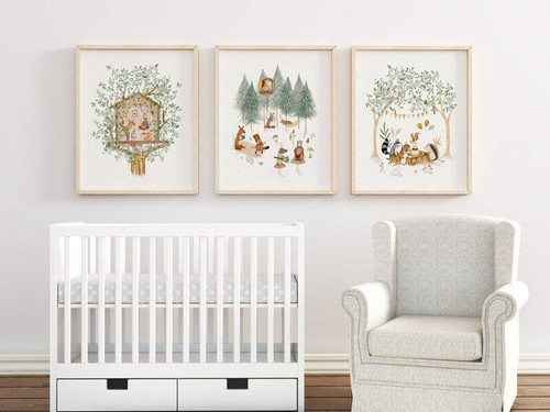 Woodland nursery canvas set with whimsical fox, deer, and bear in soft sage green, portrait prints for baby room wall decor | Family Wall Decor