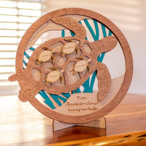 Sea turtle family wood sign, personalized with names and 'Thanks for having our backs' message, gift for mom or grandma | Familywalldecor