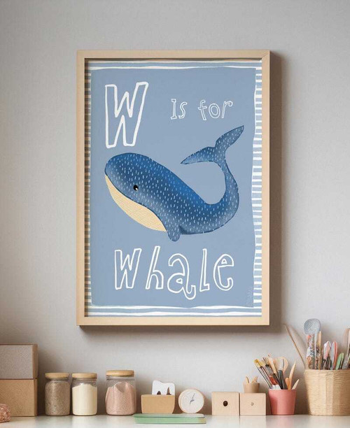 Whale alphabet canvas art in blue sea theme with A-Z letters and smiling whale, ideal nursery wall decor for baby bedrooms | Family Wall Decor